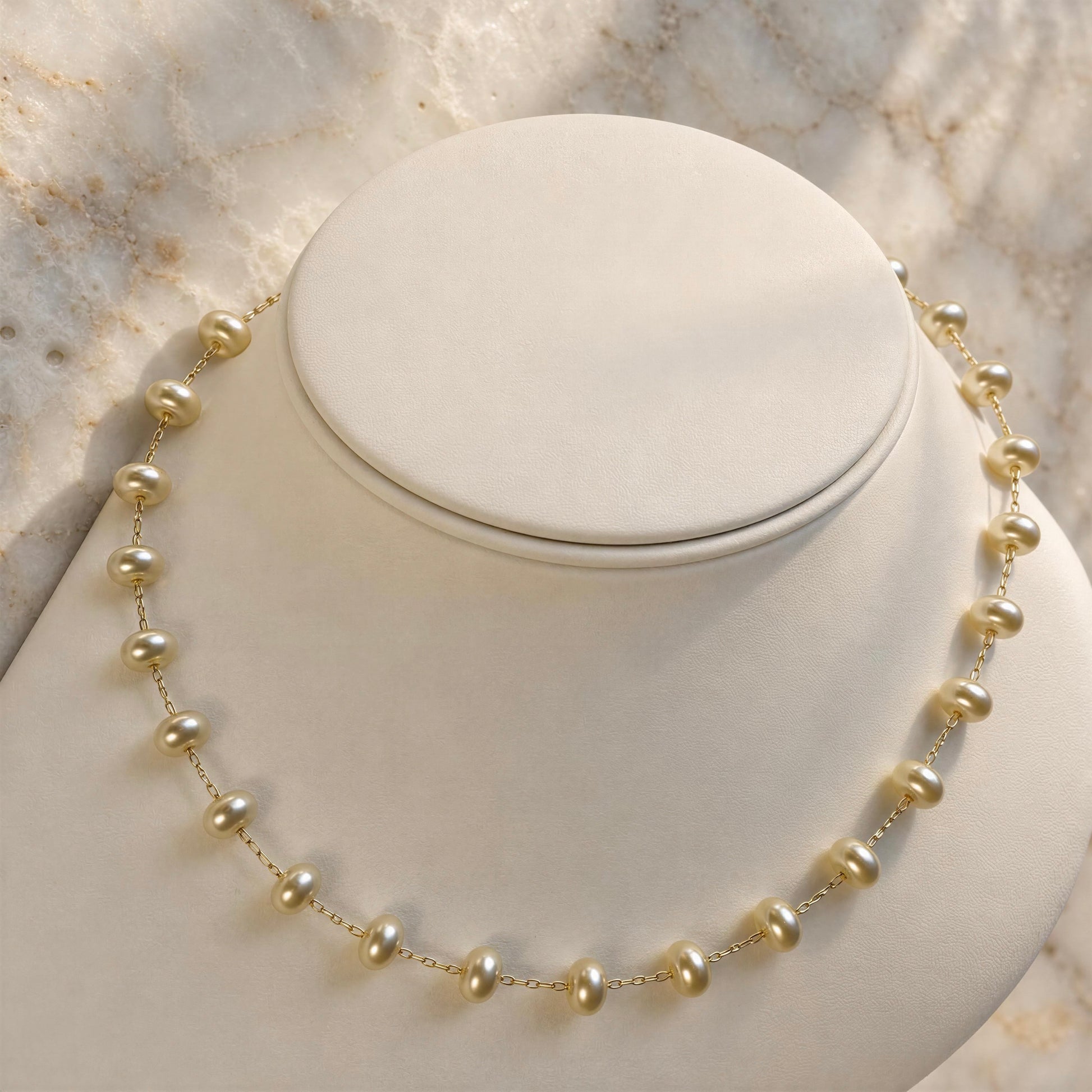 A gold chain necklace with small, irregular cream-colored freshwater pearls spaced along the chain, displayed on a white jewelry bust against a light marble background.