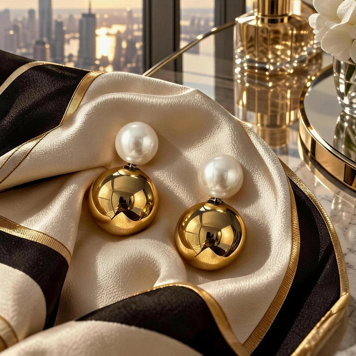 Lustra Gold & White pearl-inspired drop earrings displayed on luxurious ivory satin with black and gold accents.