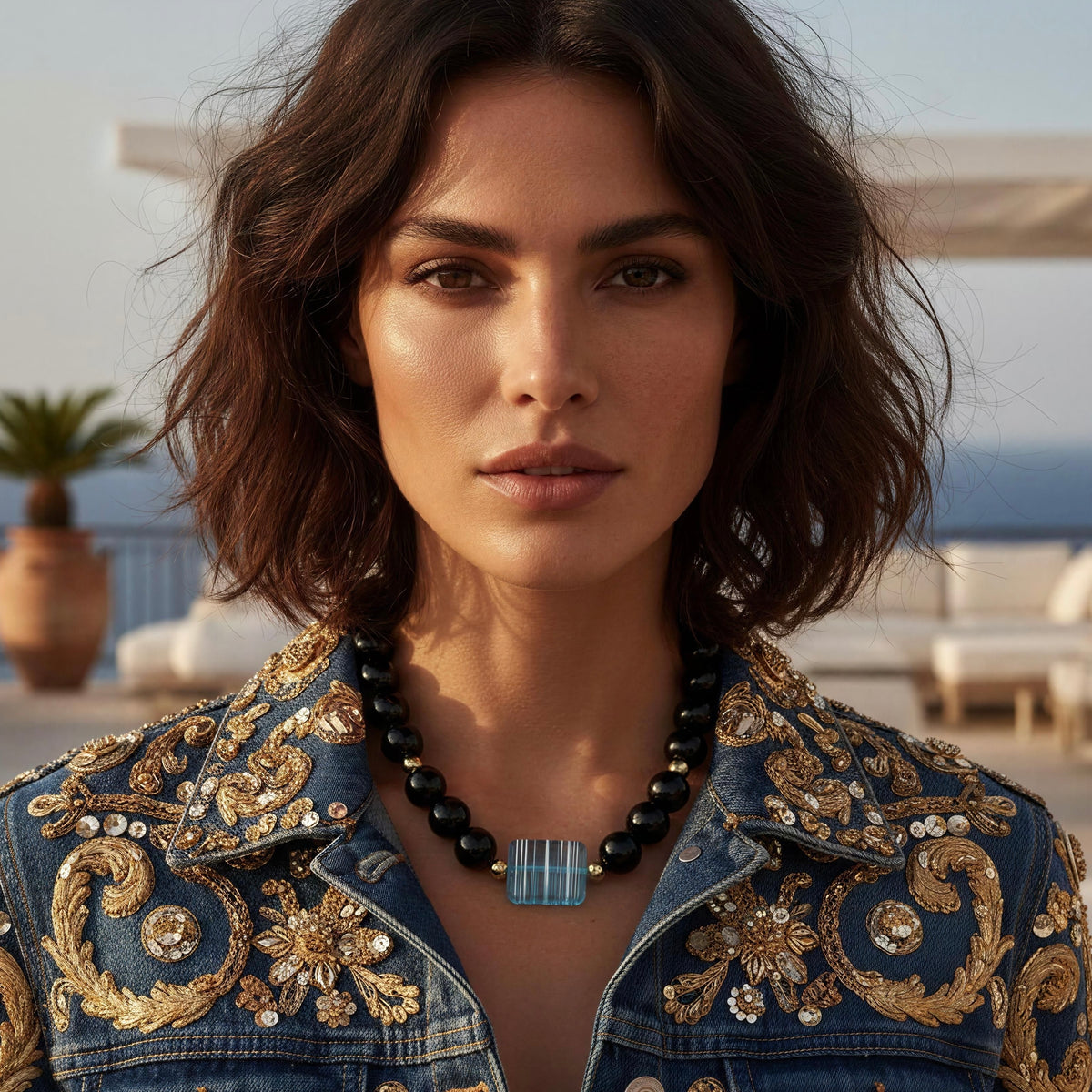 Model wearing an embroidered jean jacket and the Mara Necklace from Chica Chica Jewelry 