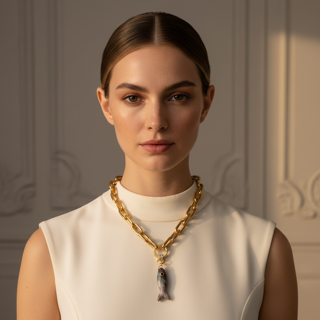Woman wearing the Maréa Fish Pendant against a neutral background