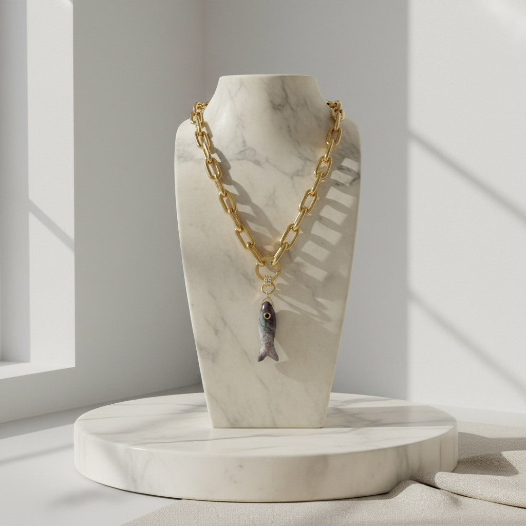 The Marea Fish Pendant on a marble stand