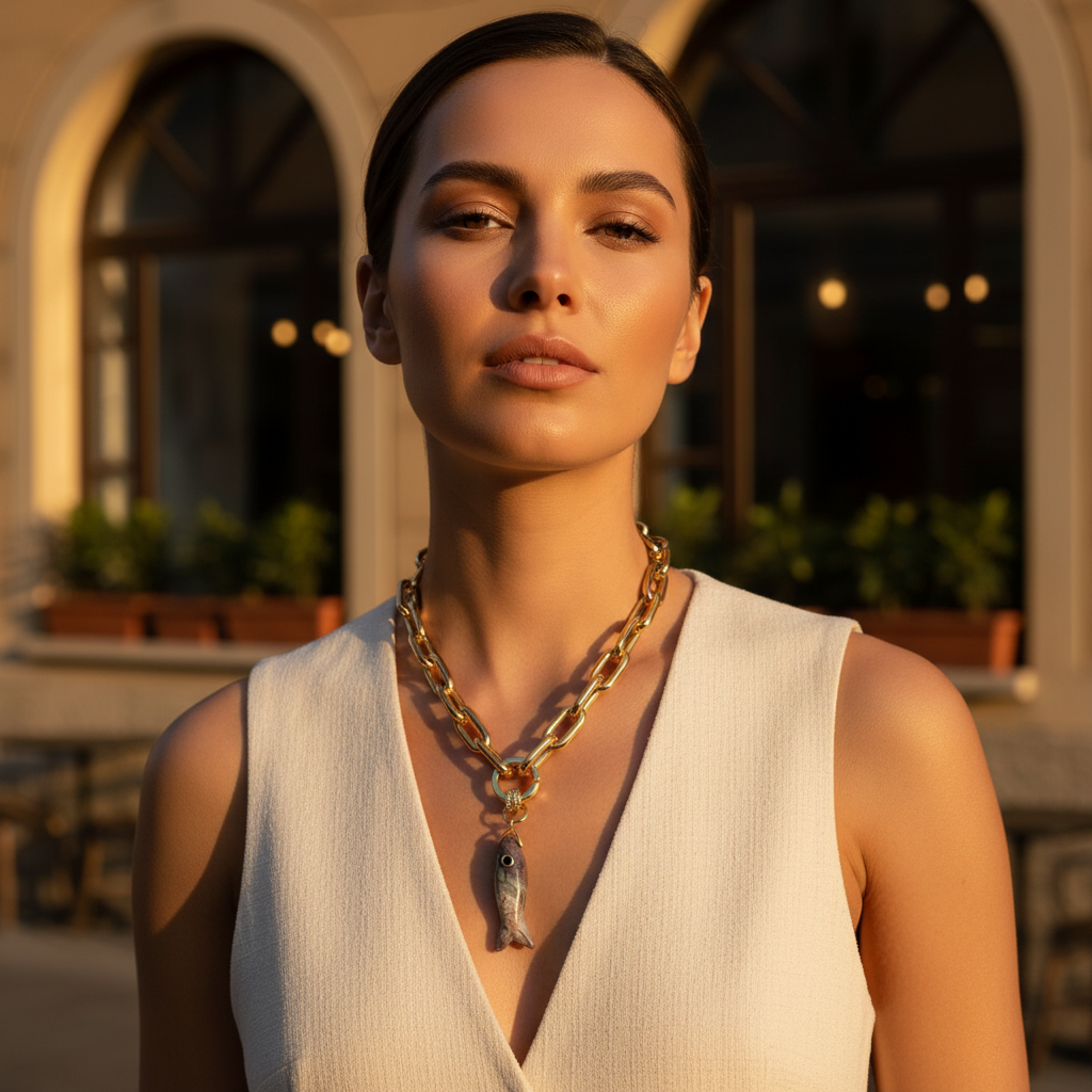 Woman wearing the Maréa Fish Pendant in an outdoor setting