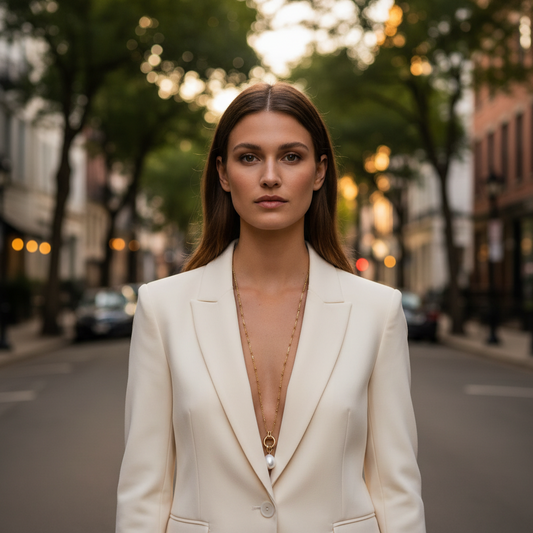 Woman in a cream blazer on a city street wearing the Marina Pearl Long Necklace from Chica Chica Jewelry