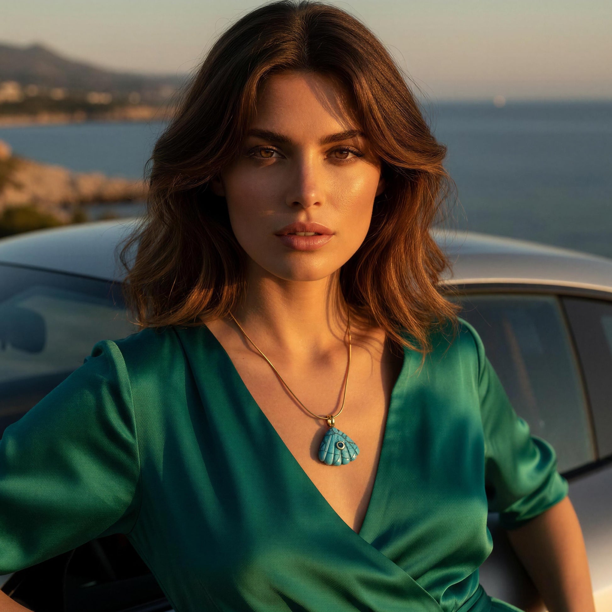 Woman in a green dress standing next to a car with a scenic background wearing the Maris Shell Pendant Necklace.