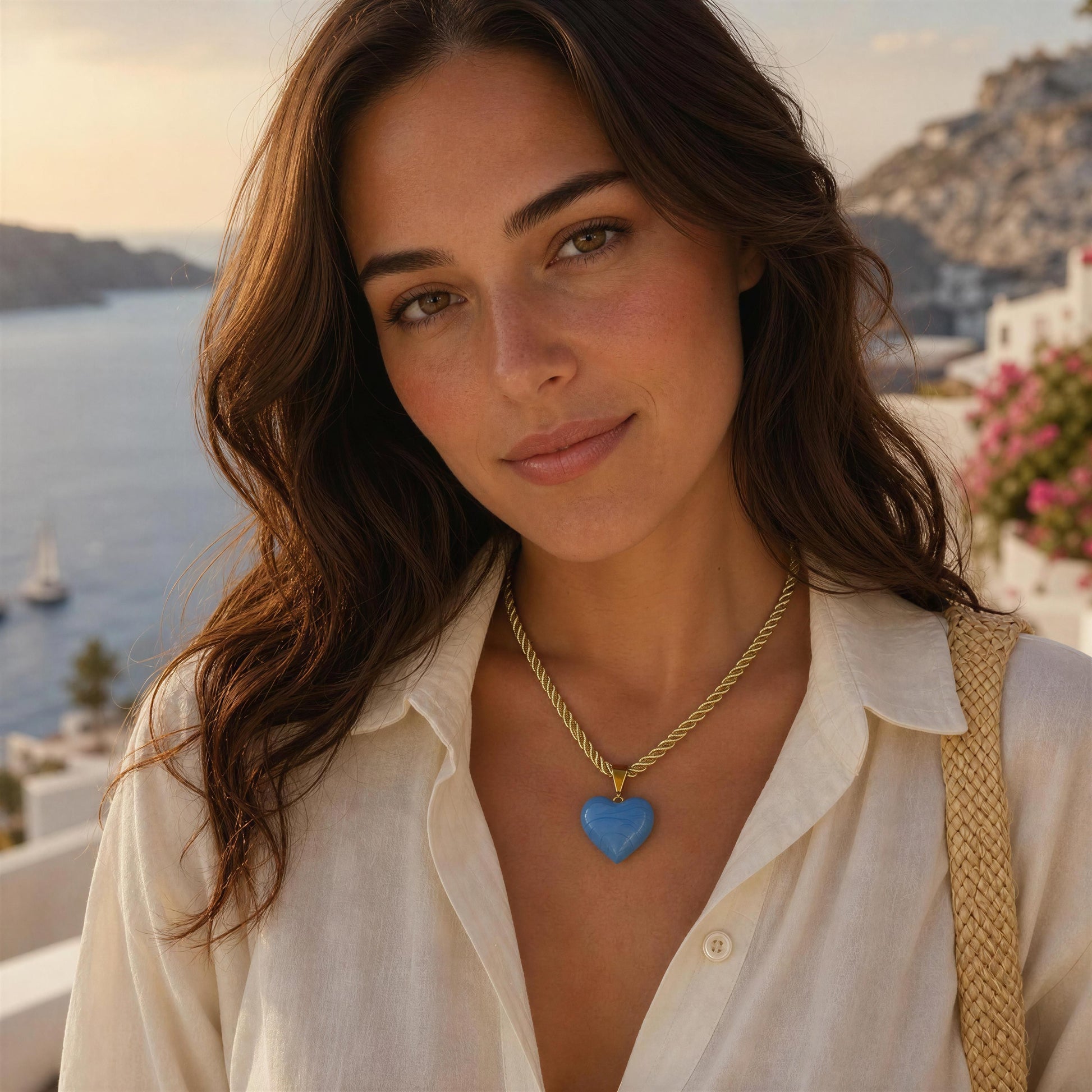 Model wearing the Mavi Murano-style blue glass heart necklace with a soft braided cord and 18k gold-plated details by Chica Chica Jewelry at a seaside restaurant overlooking the Bodrum coastline, Turkey.