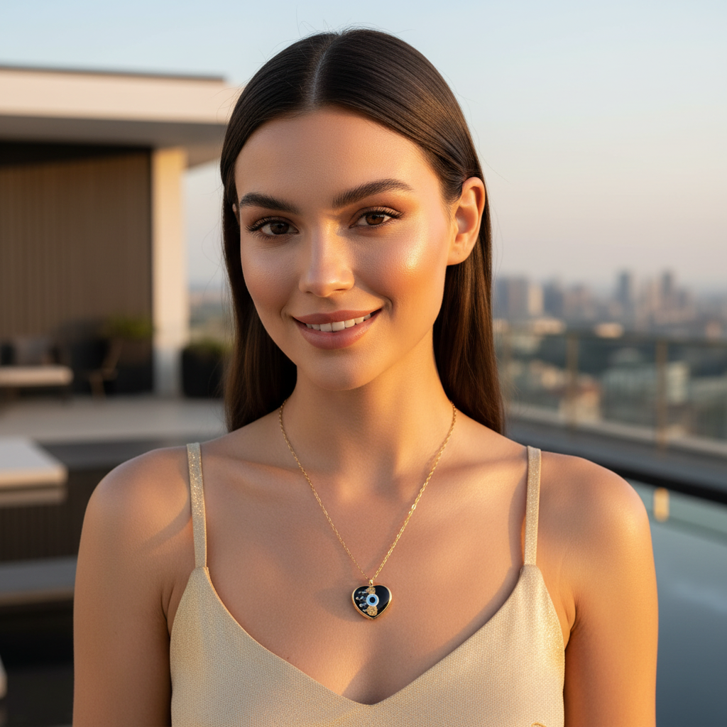 Gold-plated heart evil eye necklace styled on model in champagne dress for daytime wear
