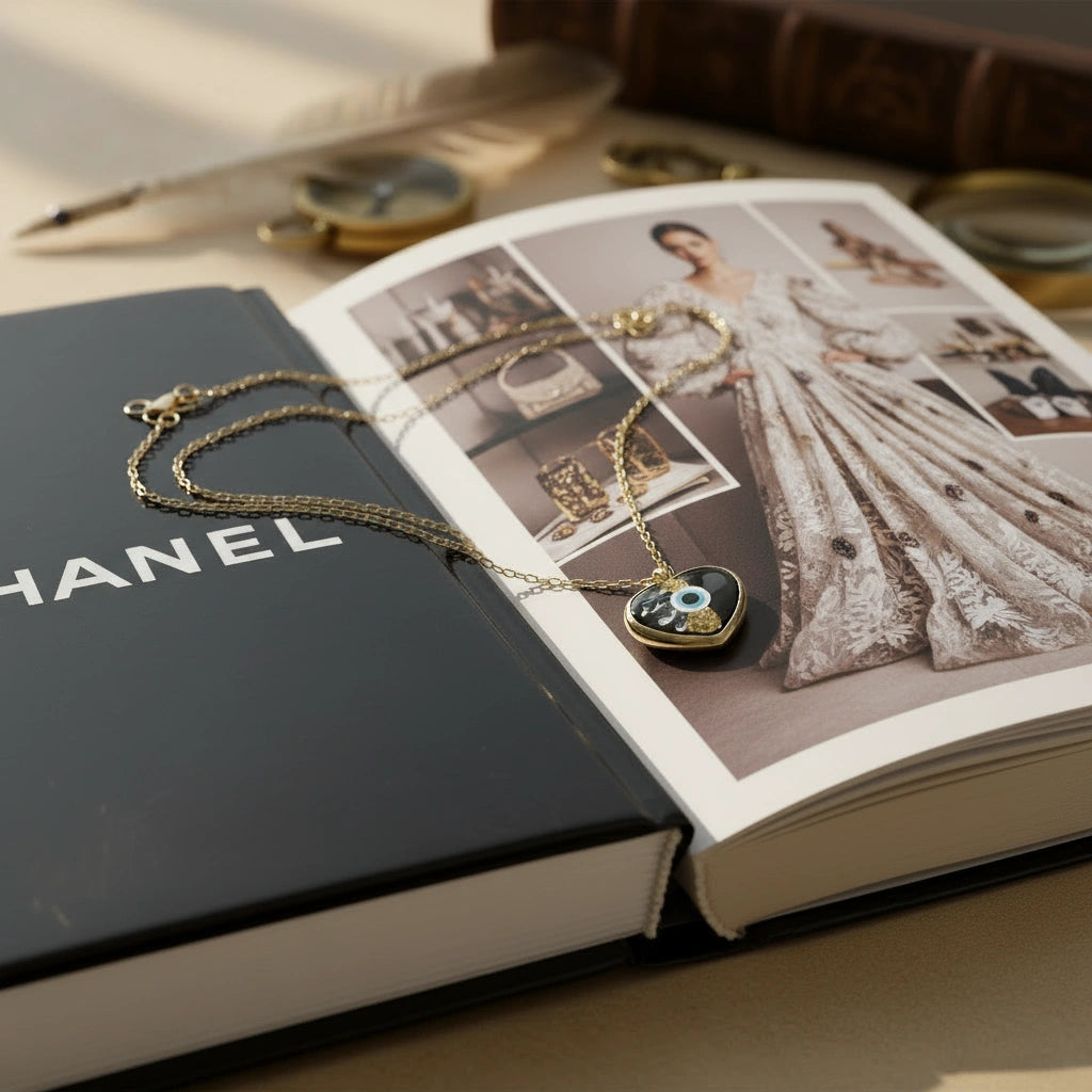 Luxury flatlay of gold-plated heart evil eye necklace styled on fashion book for editorial look