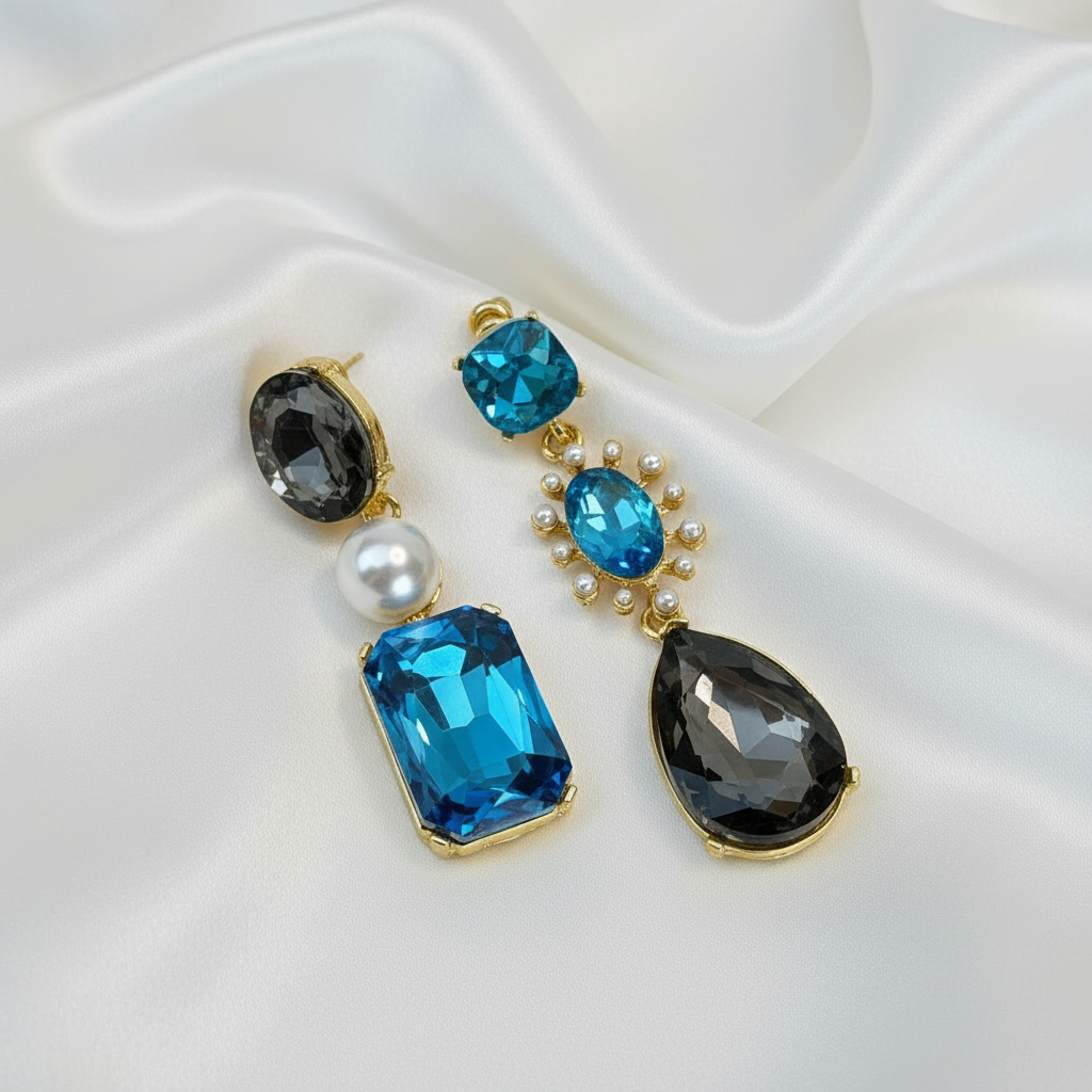 Midnight Mirage Earrings-  with blue and black gemstones on a white background