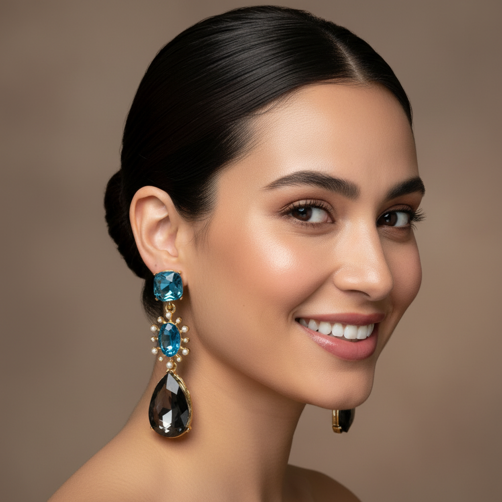 Woman wearing the Midnight Mirage Earrings from Chica Chica Jewelry - a pair of dangling earrings with blue and black gemstones on a brown background