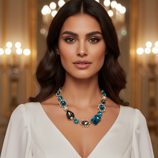 Woman wearing a white dress and the Midnight Mirage Necklace - colorful necklace in an elegant indoor setting.