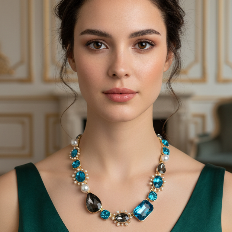 Woman wearing a decorative necklace with blue and black stones in an elegant indoor setting
