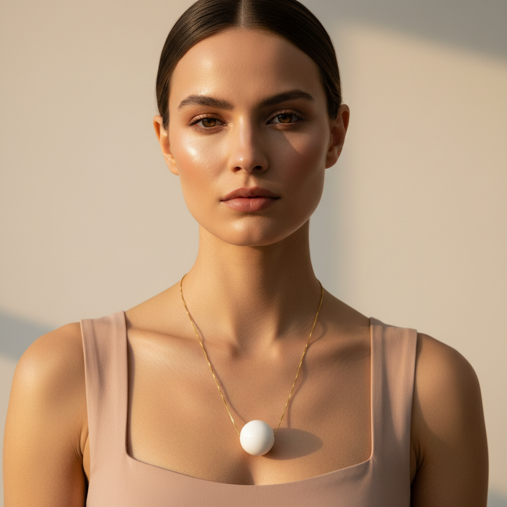 Woman wearing at the Milky Bead Necklace with a white pendant against a neutral background