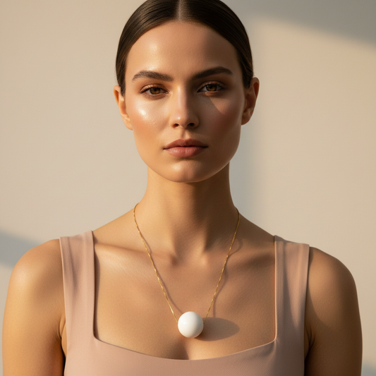 Woman wearing at the Milky Bead Necklace with a white pendant against a neutral background