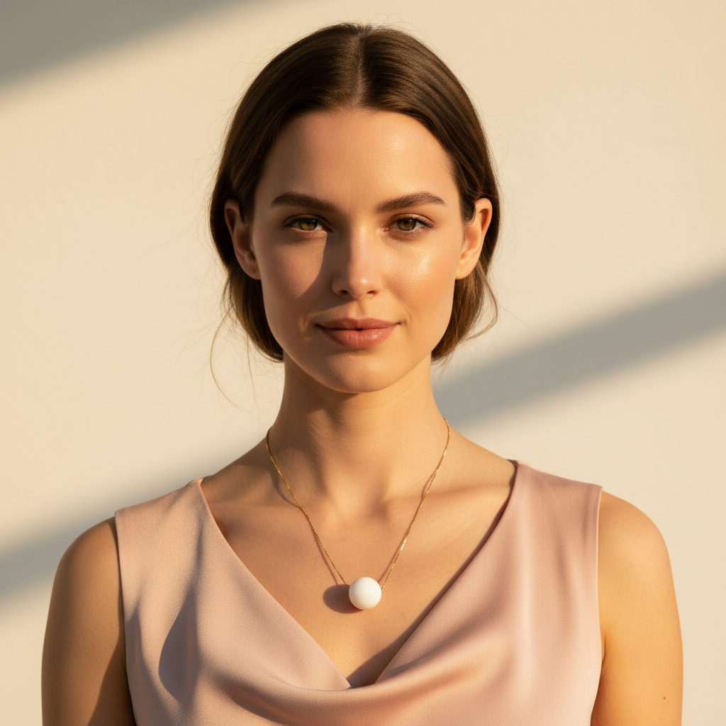 Woman wearing the Milky Bead Necklace with a white pendant against a beige background
