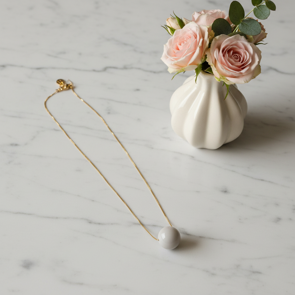 Gold necklace with a white pendant on a marble surface next to a small vase of pink roses.