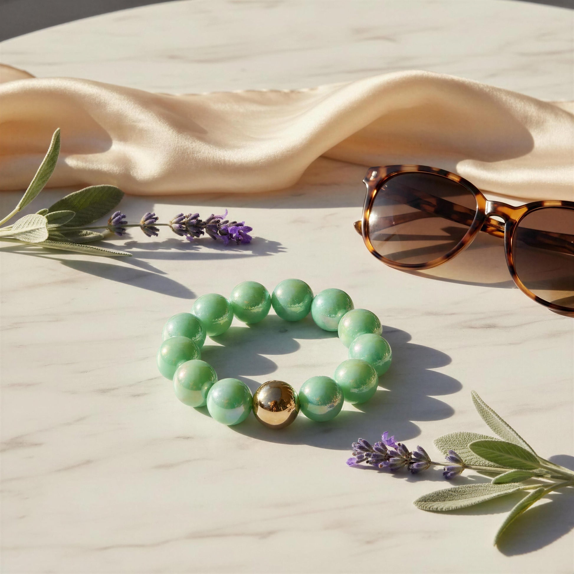 Green beaded bracelet with a gold accent on a light surface with sunglasses and lavender flowers.
