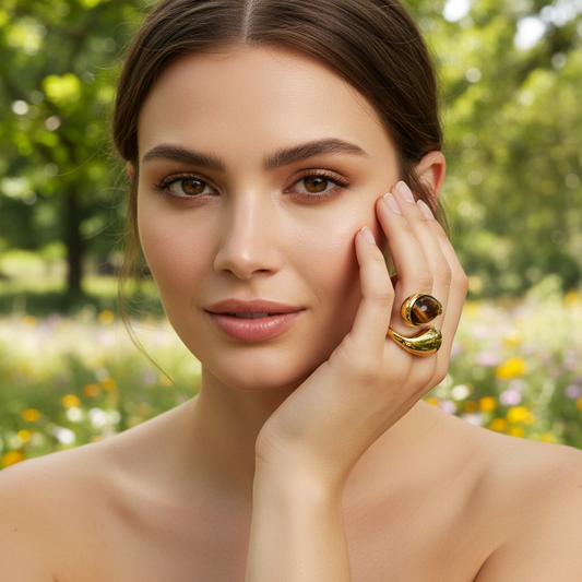 Woman with the Molten Terra Ring on her finger against a natural background