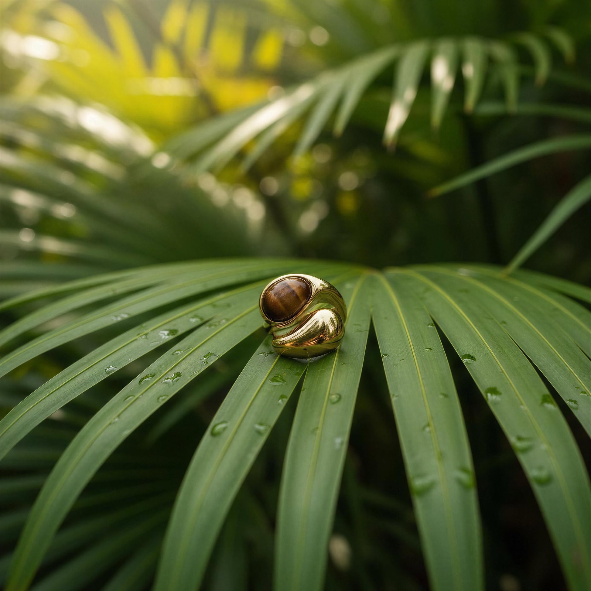 The Molten Terra Ring with a brown stone on a green leaf with water droplets