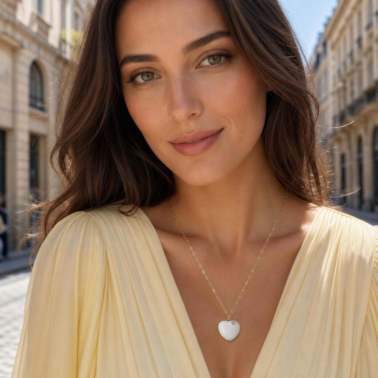 Model wearing the Moonlight Heart Necklace at outdoor street