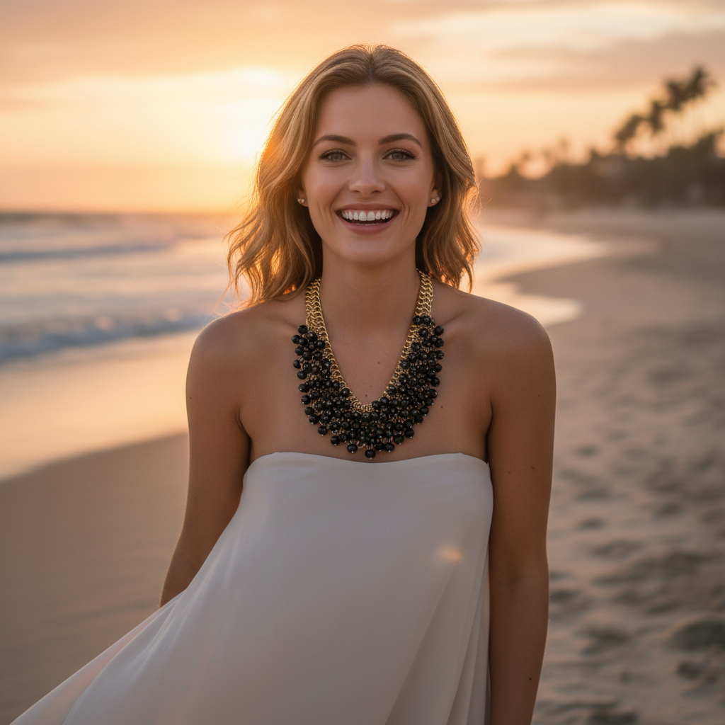 Woman in a white dress with a black necklace on a beach at sunset