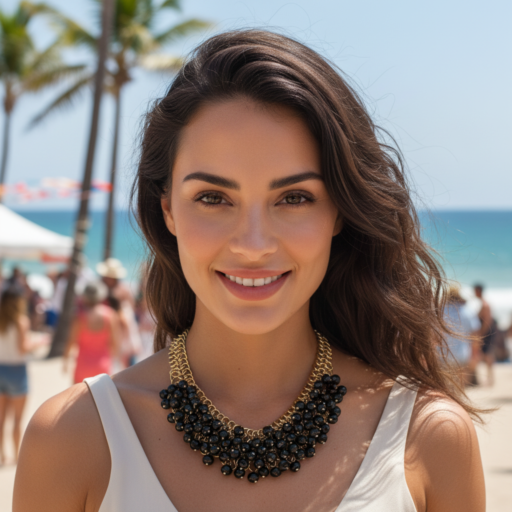 Woman wearing a black beaded necklace on a beach