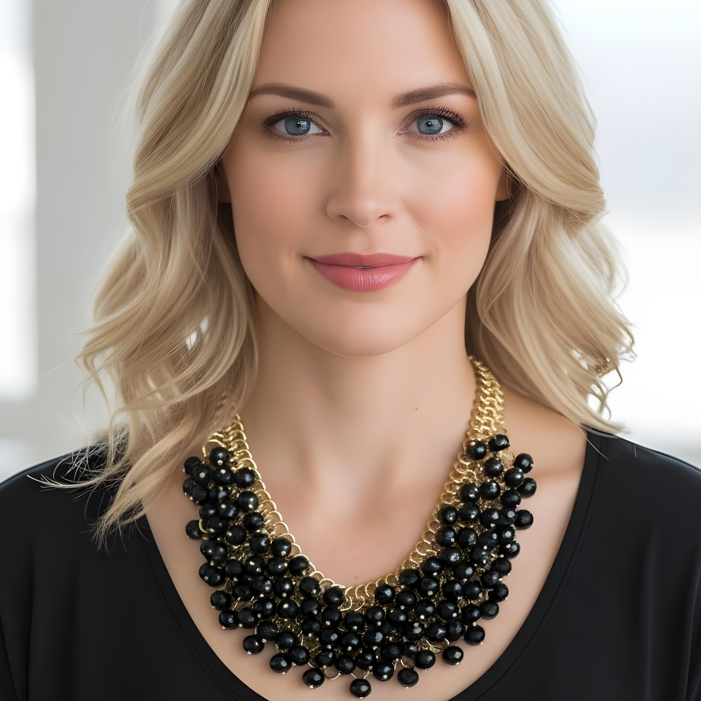 Woman wearing a black beaded necklace with a blurred white background
