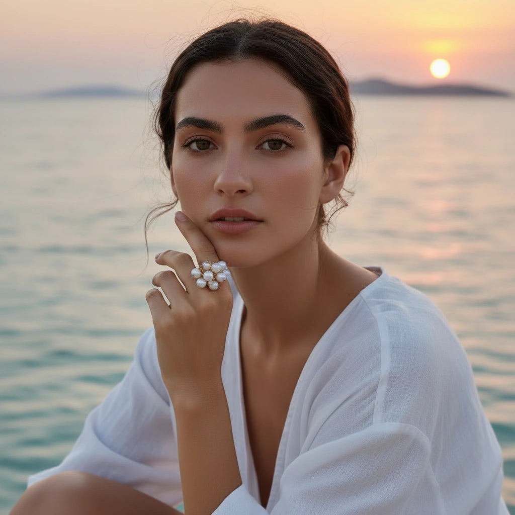 Woman in a white outfit with a sunset and water in the background