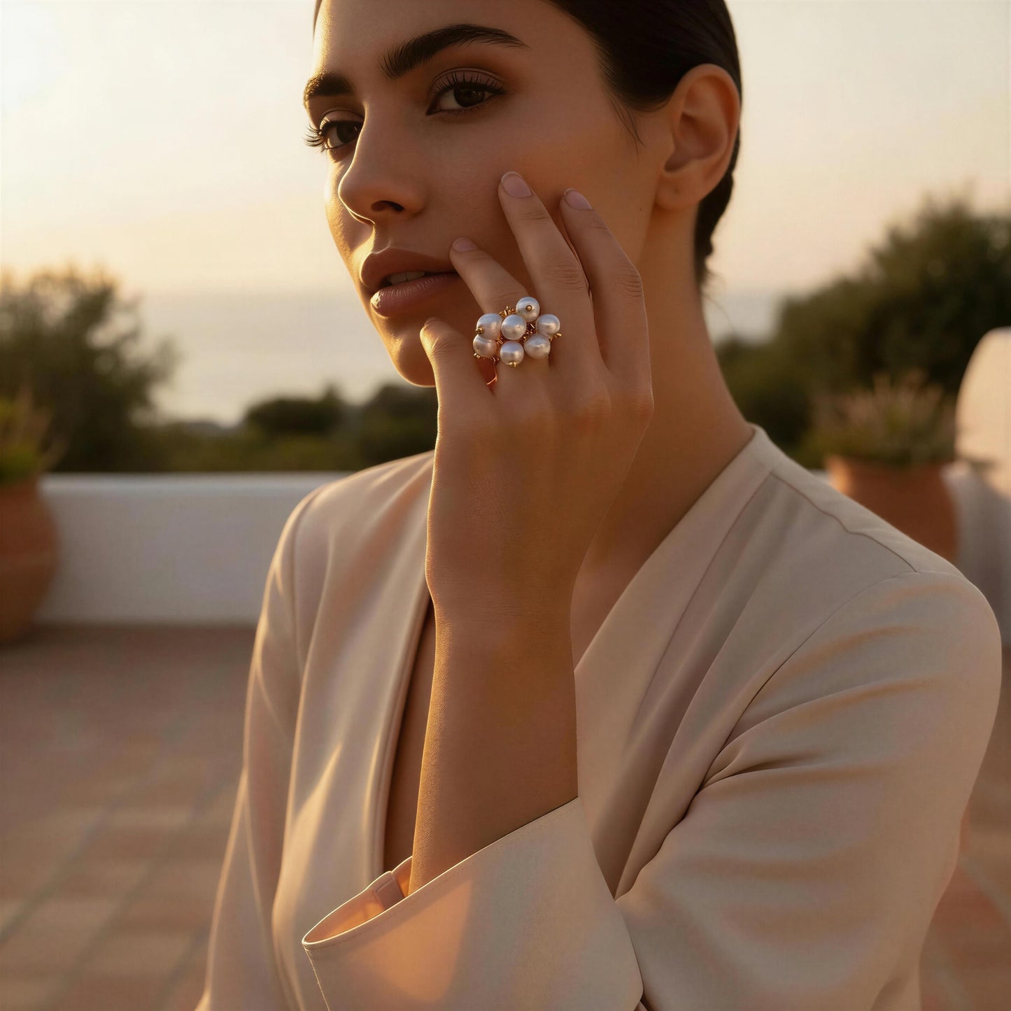 Model wearing the Ocean Pearl Bloom Ring