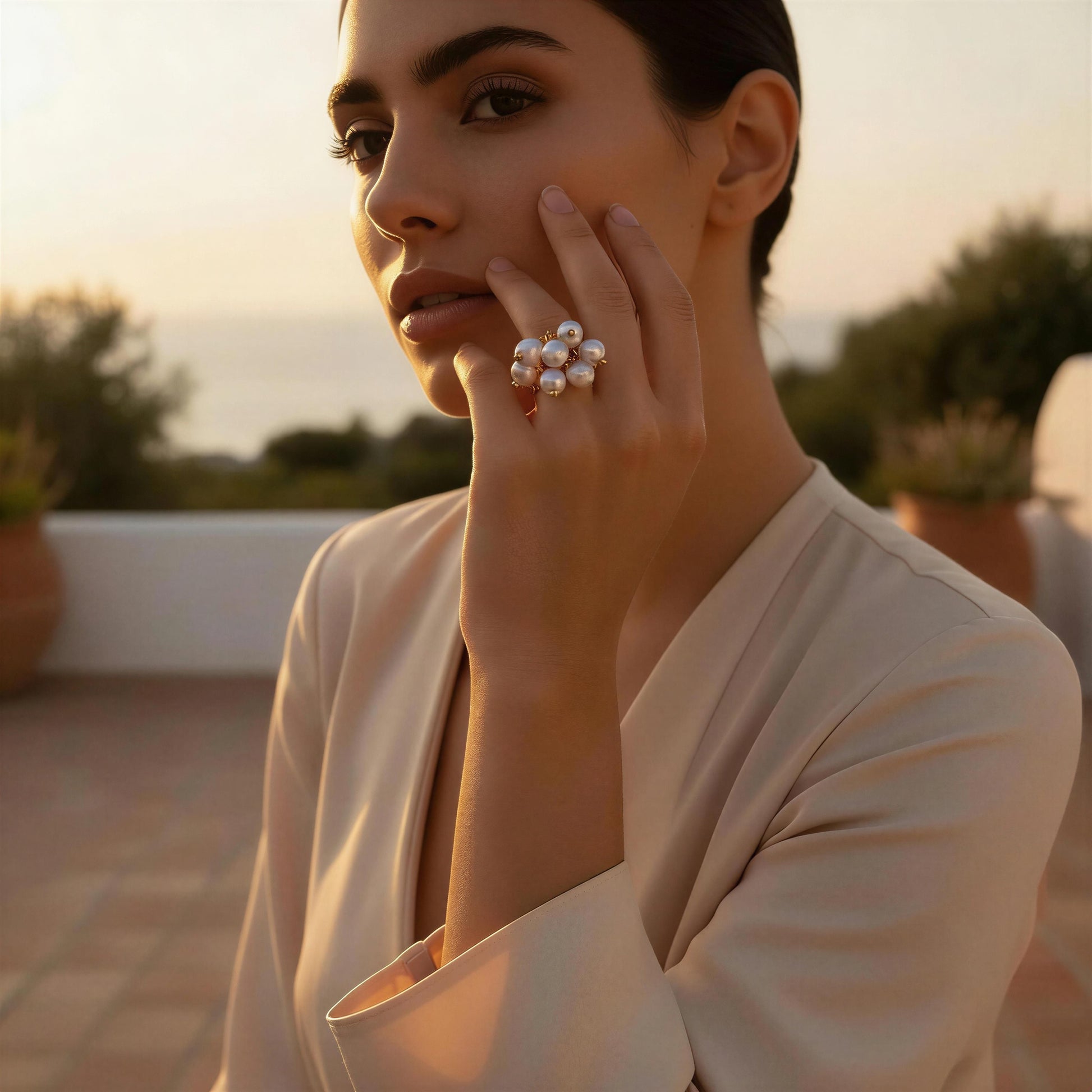 Model wearing the Ocean Pearl Bloom Ring