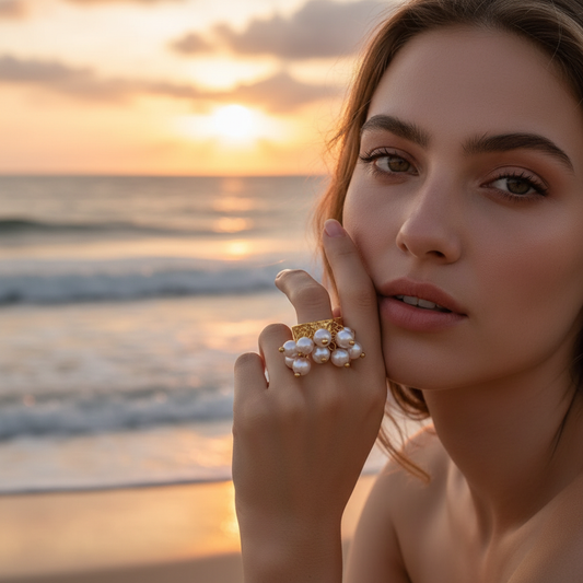 Woman on a beach at sunset wearing a pearl ring