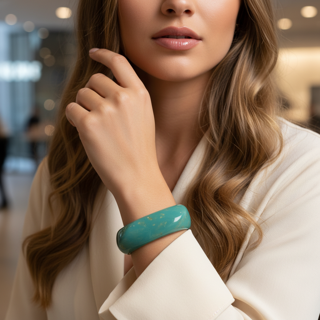Woman wearing the Ocean Twist Bangle in an indoor setting