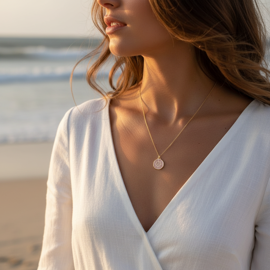 Woman wearing the Oceana Soleil Medallion Necklace on a beach
