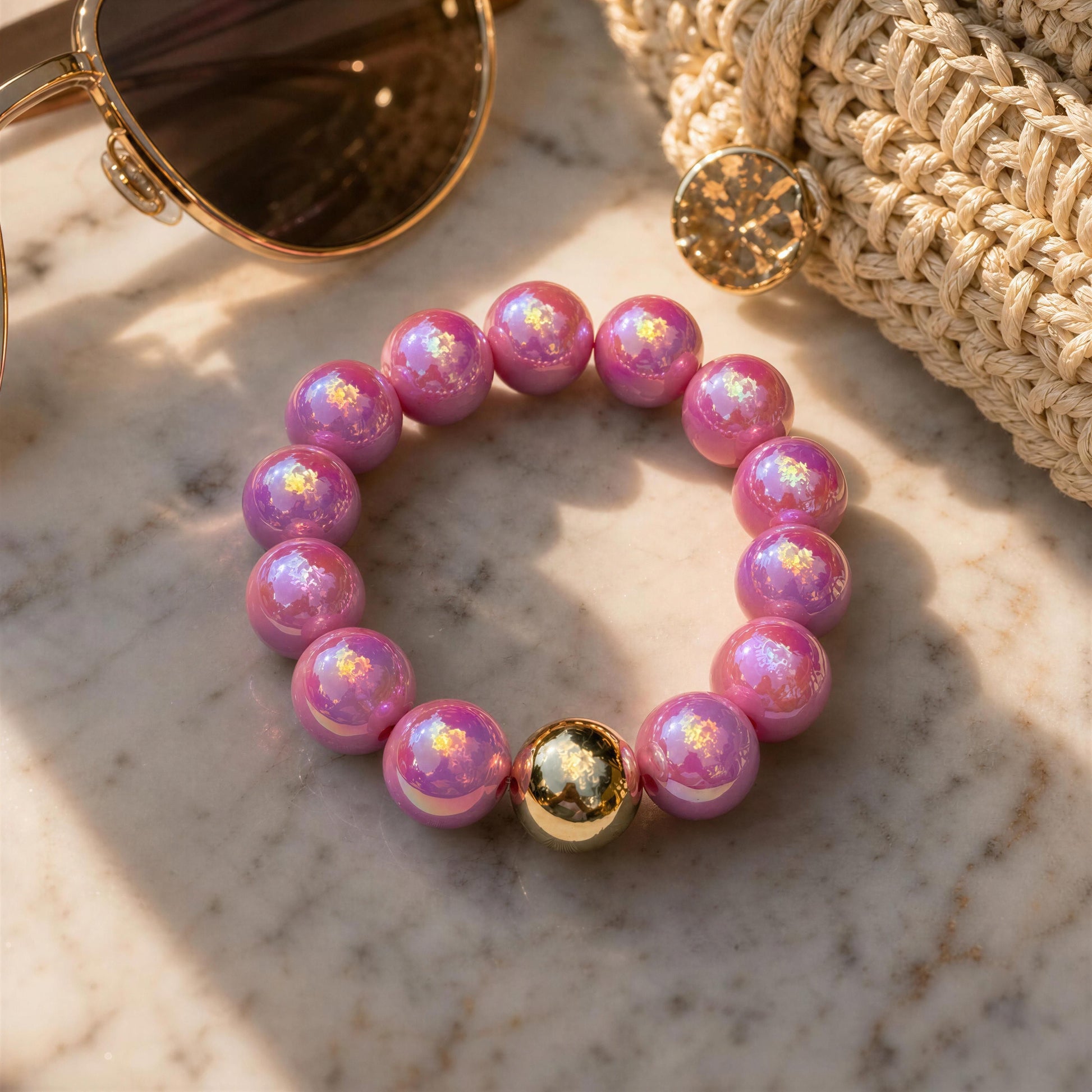 The Orchid Glow Bracelet on a marble surface with sunglasses and a woven bag.