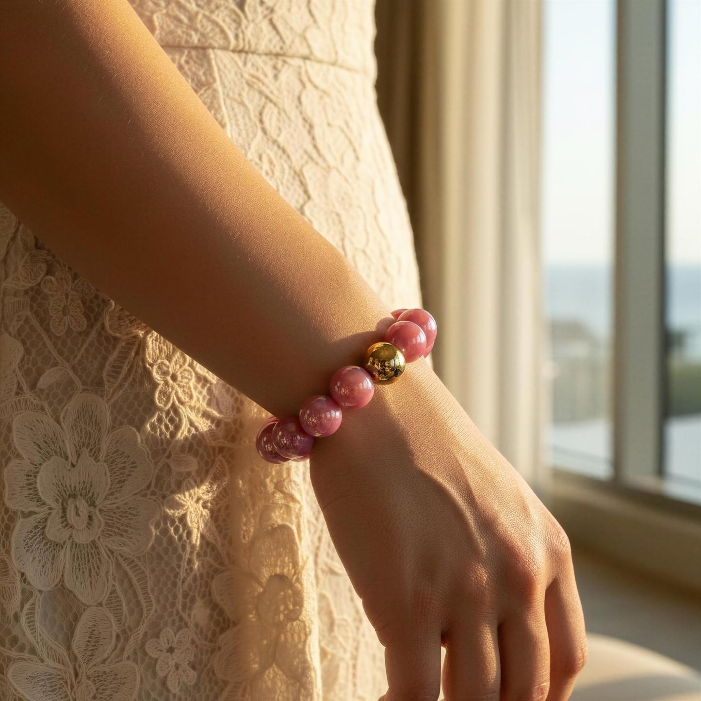 Hand wearing a pink beaded bracelet with a gold accent, against a blurred indoor background.