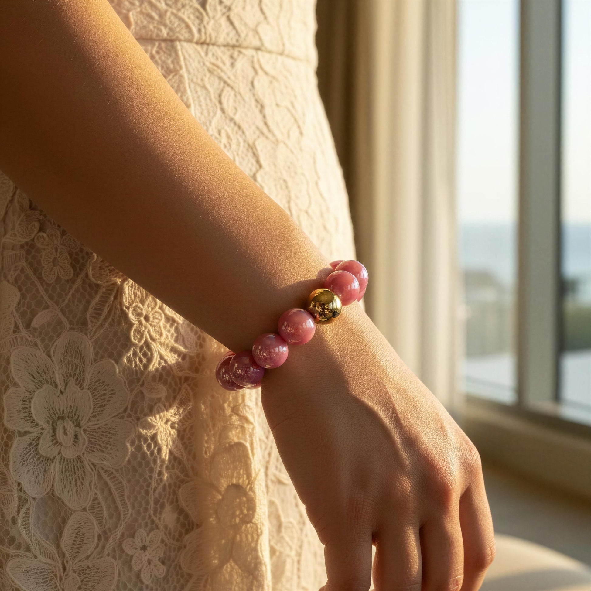 Hand wearing a pink beaded bracelet with a gold accent, against a blurred indoor background.