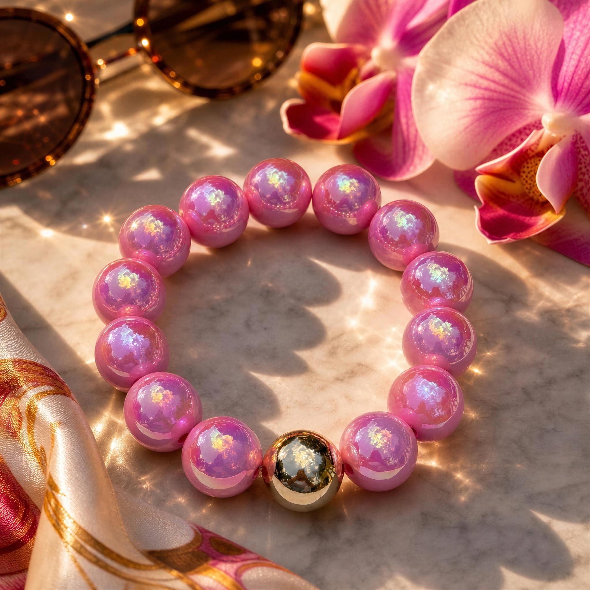 Pink beaded bracelet with a gold accent on a marble surface with flowers and sunglasses.