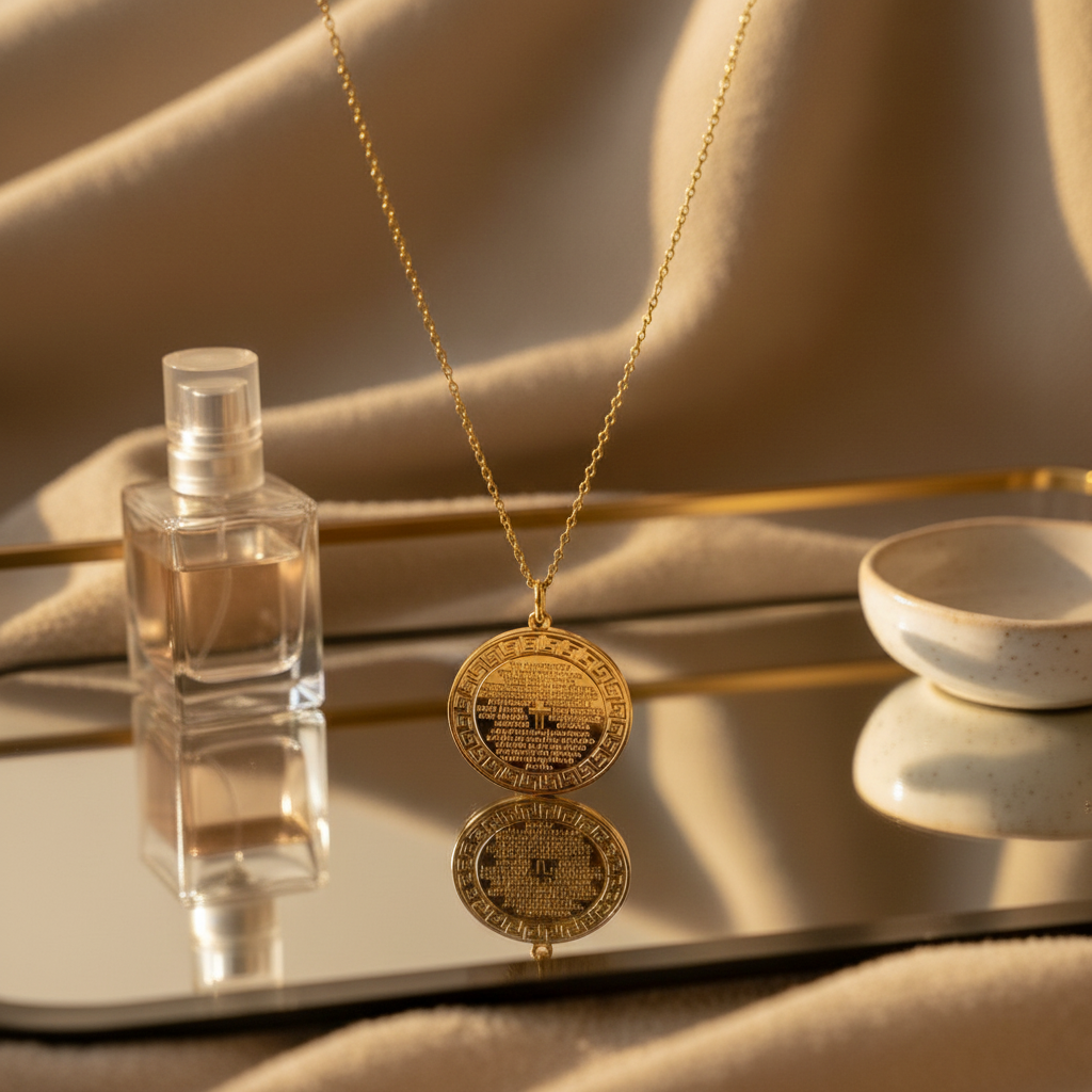 Gold Chica_Chica_Jewelry necklace with a Padre Nuestro charm next to a clear perfume bottle on a reflective surface.
