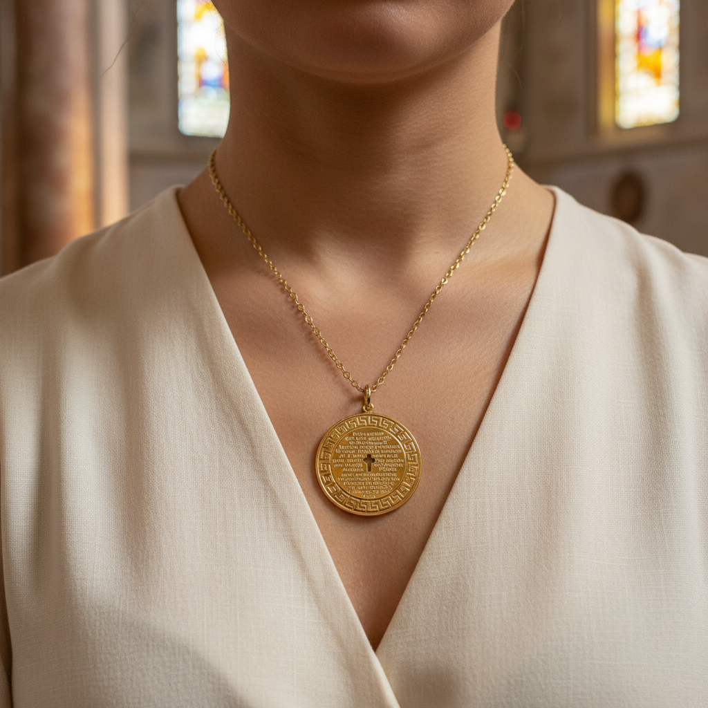 Person wearing a gold  Chica Chica Jewelry necklace with a detailed Padre Nuestro pendant in a softly lit indoor setting
