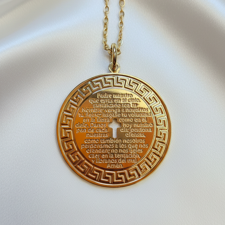 Gold pendant necklace from Chica Chica Jewelry with engraved text on a white background