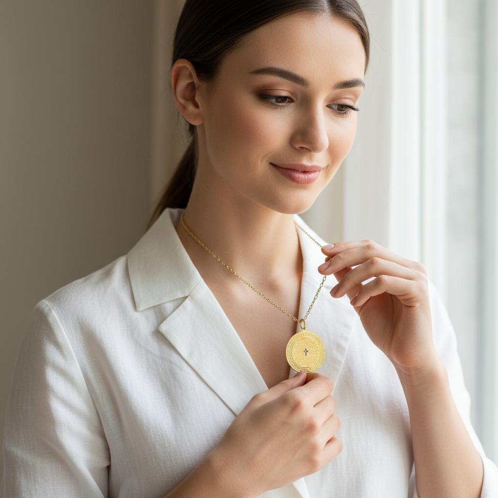 Woman wearing a Chica Chica Jewelry gold  necklace with a Padre Nuestro pendant, standing in a softly lit room.