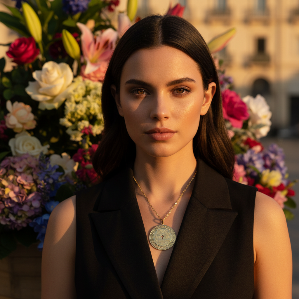 Woman standing in front of a colorful flower arrangement with a blurred building in the background