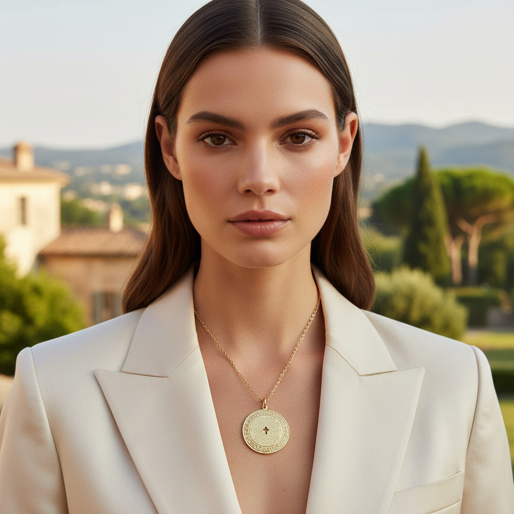 Woman wearing the Padre Nuestro Medal Charm Necklace with a scenic background