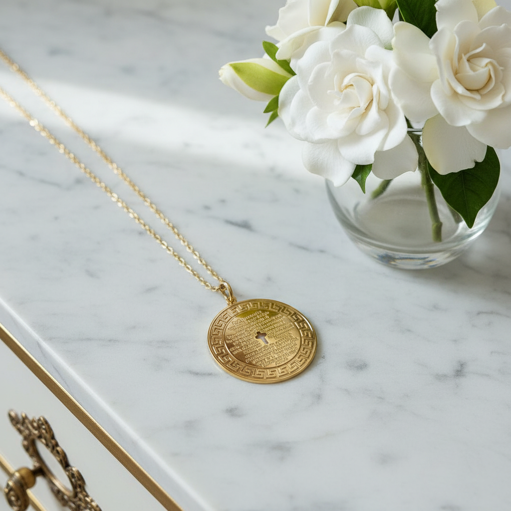The Padre Nuestro Medal Charm Necklace  on a marble surface next to white flowers.