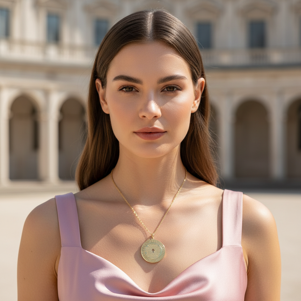 Woman wearing a gold necklace with a building in the background