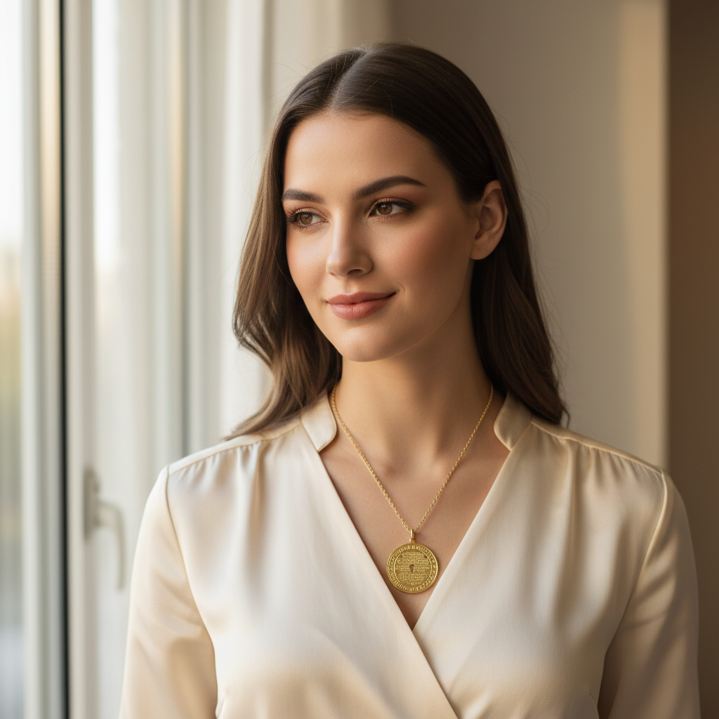 Woman wearing a Chica Chica Jewelry gold Lord's Prayer  in a softly lit room