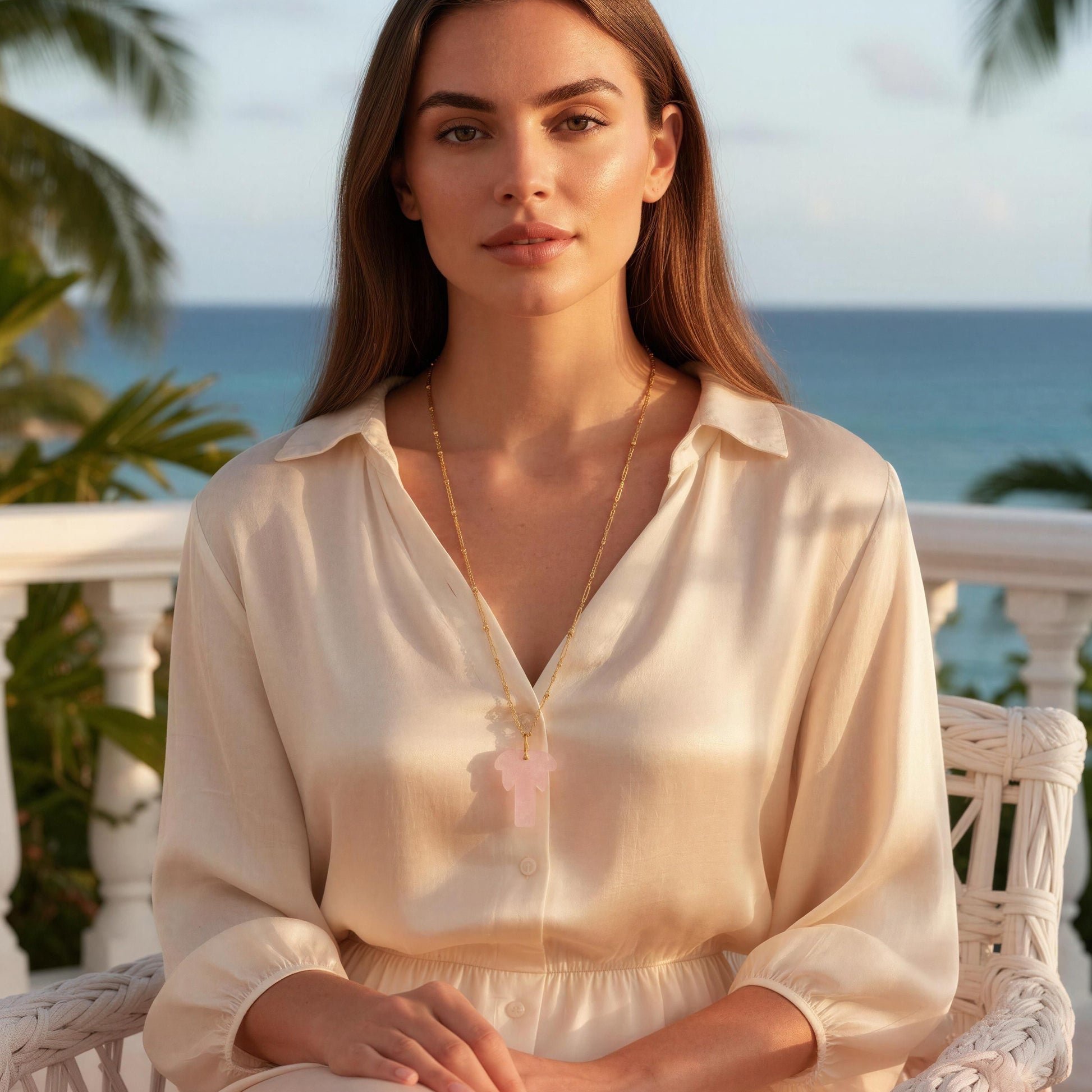 Woman in a white dress sitting on a balcony with ocean view wearing the Palma Rosa Long Necklace