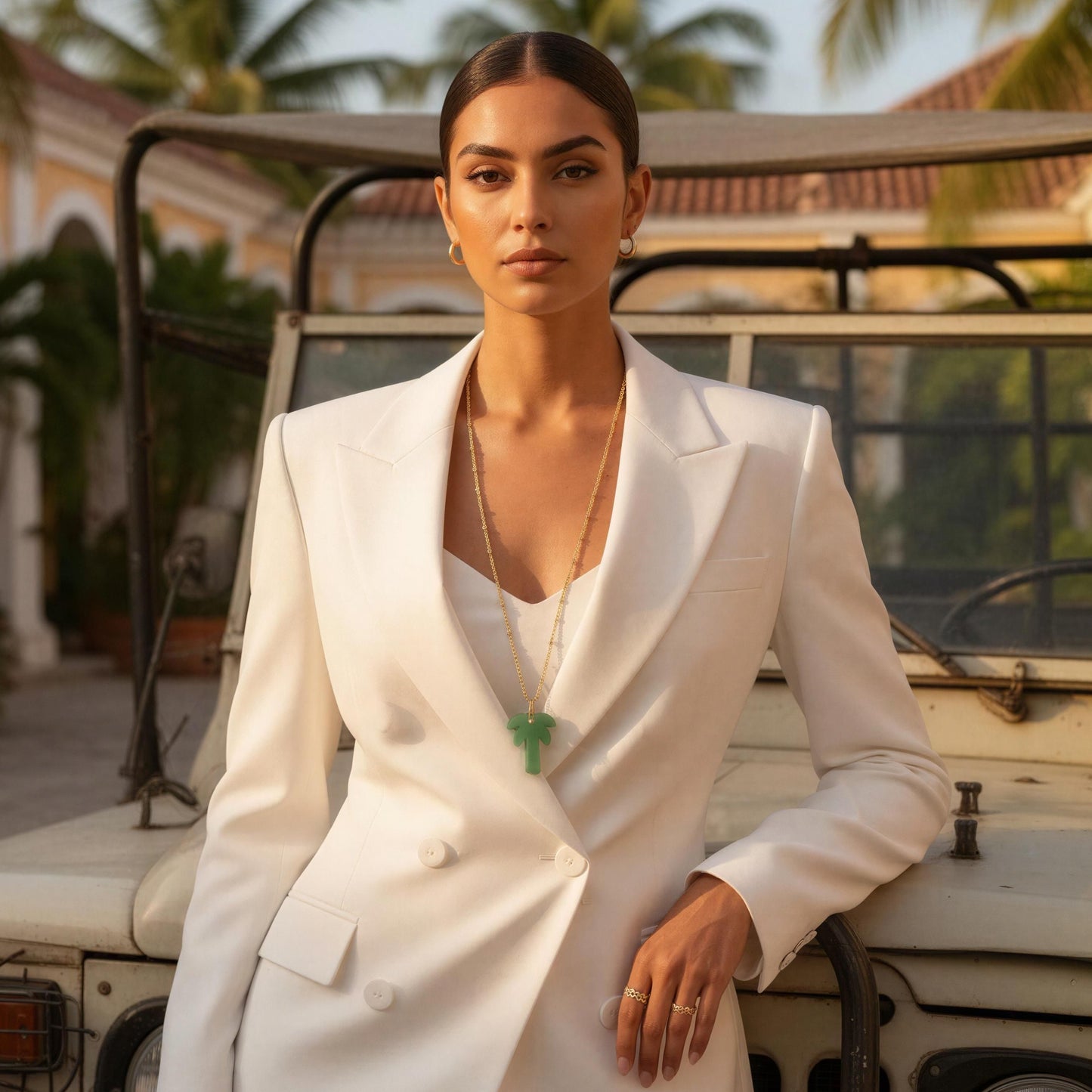 Woman in a white suit standing in front of a vintage jeep with palm trees in the background and wearing the Palma Verde Long Necklace