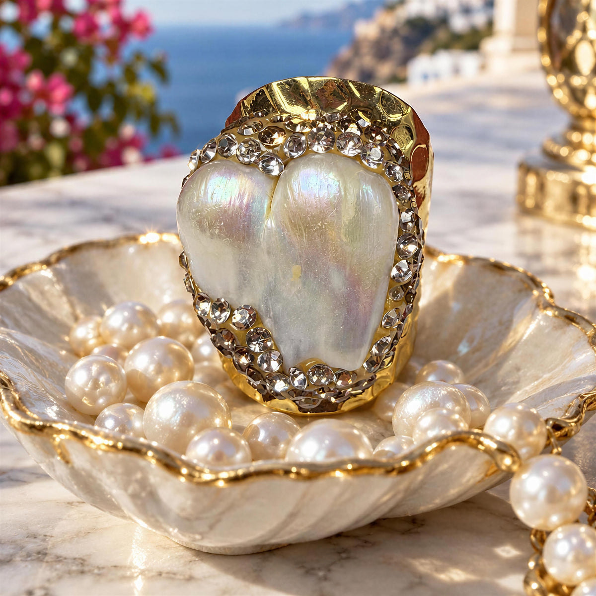 The Perla Ring from  Chica Chica Jewelry, a  gold ring with a large iridescent pearlescent heart-shaped inlay and rhinestone accents, displayed on a scalloped shell dish filled with faux pearls on a marble surface with a blurred coastal background.