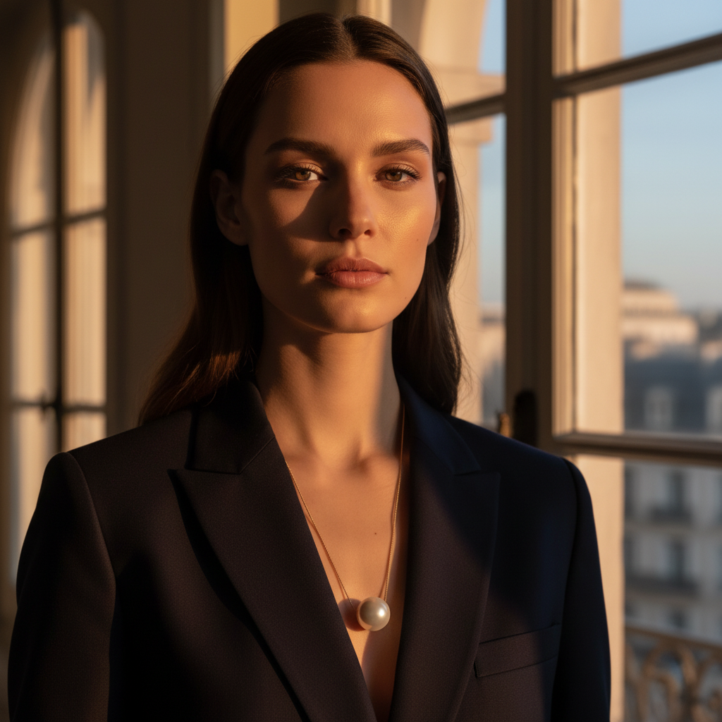 Woman in a dark blazer standing in front of large windows with a cityscape view wearing the Perla Sphere Statement Necklace.