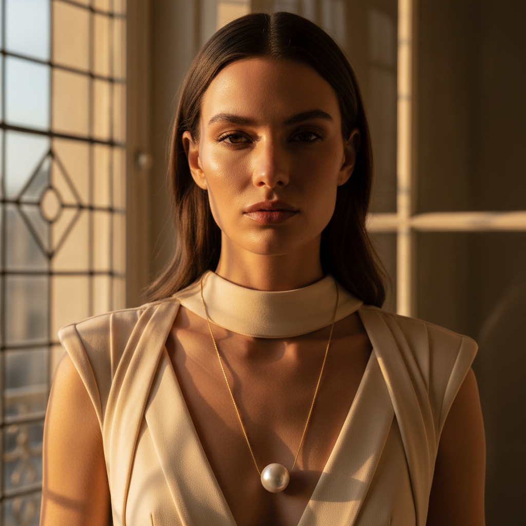 Woman wearing a beige dress with the Perla Sphere Statement Necklace in a softly lit room.